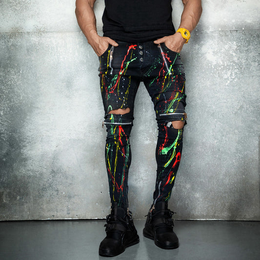 Mexton Herren Skinny Boyfriend Jeans mit Farbklecks, Destroyed-Design, Knöchellänge, W29-W36, modische Damen-Jeans