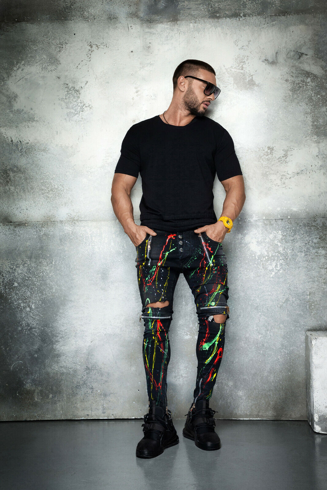 Mexton Herren Skinny Boyfriend Jeans mit Farbklecks und Destroyed-Details, Knöcheljeans, W29-W36, modischer Denim-Look