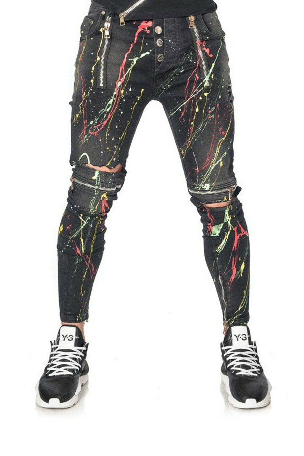 Mexton Herren Skinny Boyfriend Jeans mit Farbklecks, Destroyed-Design, Knöchellänge, Größe W29-W36, modischer Herrenjeans-Style
