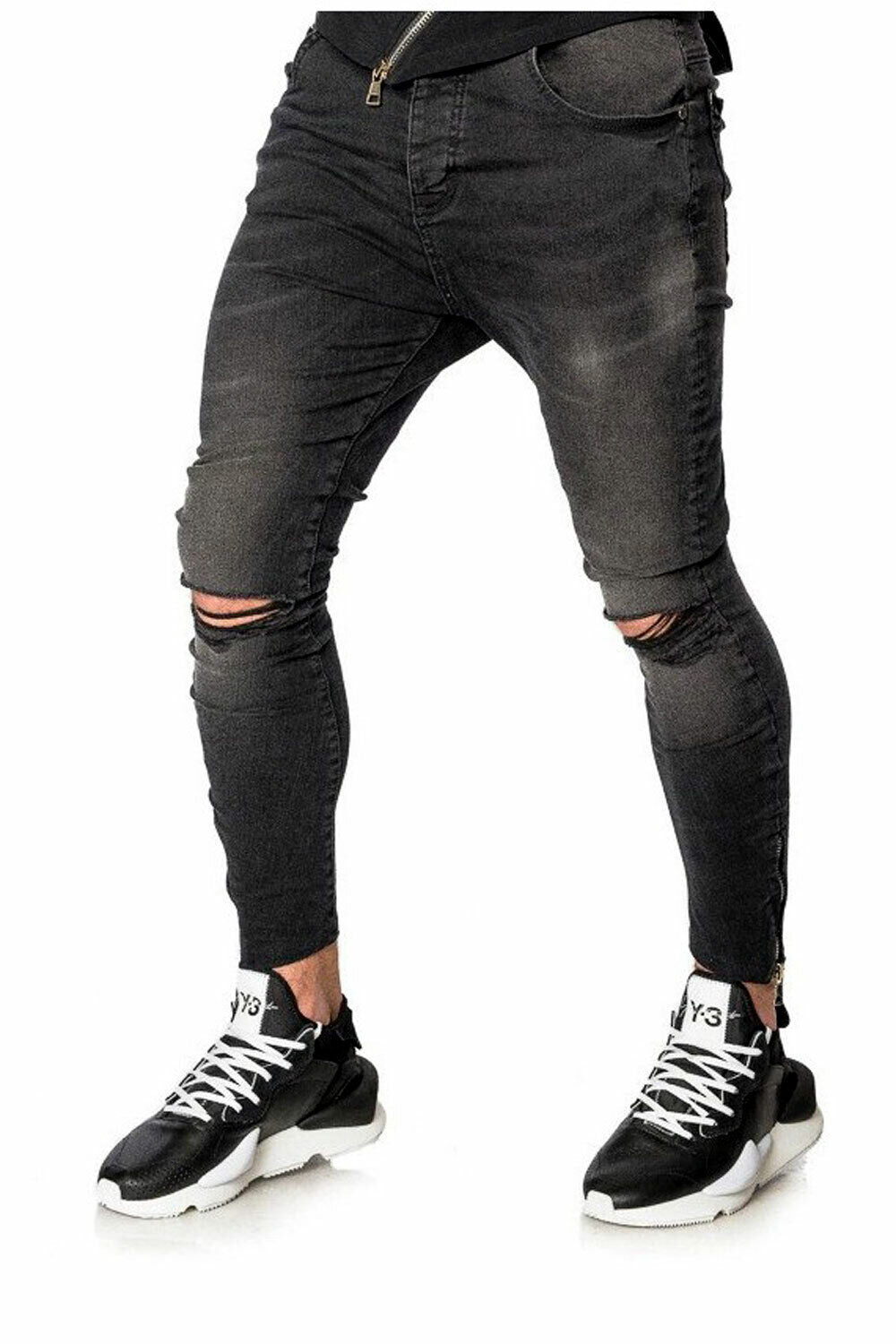 Mexton Men Skinny Boyfriend Jeans, Destroyed, Knöchellang, in dunkler Waschung, Herren, W29-W36