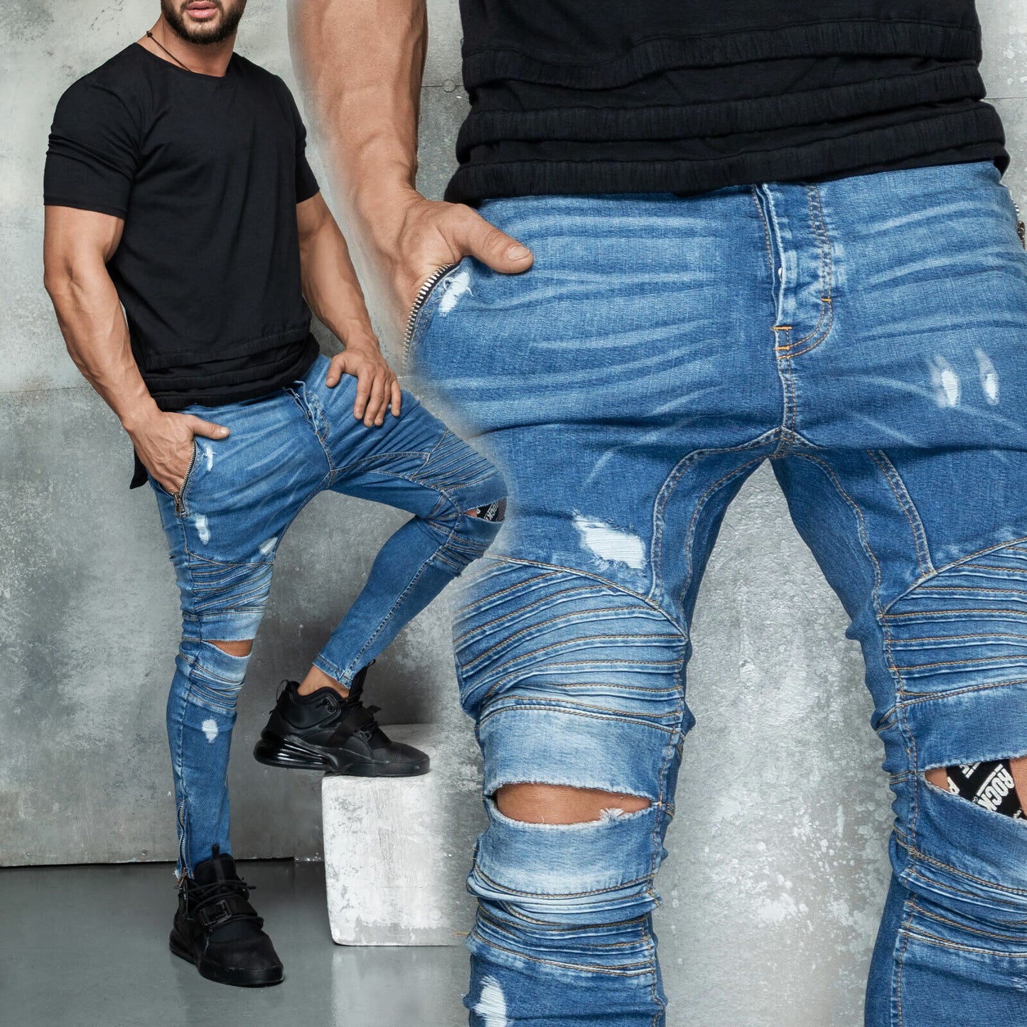 Herren Skinny Slim Jeans von mexton men im Biker-Look, Knöchellang, in verschiedenen Größen W29-W36, dunkle Denim-Optik