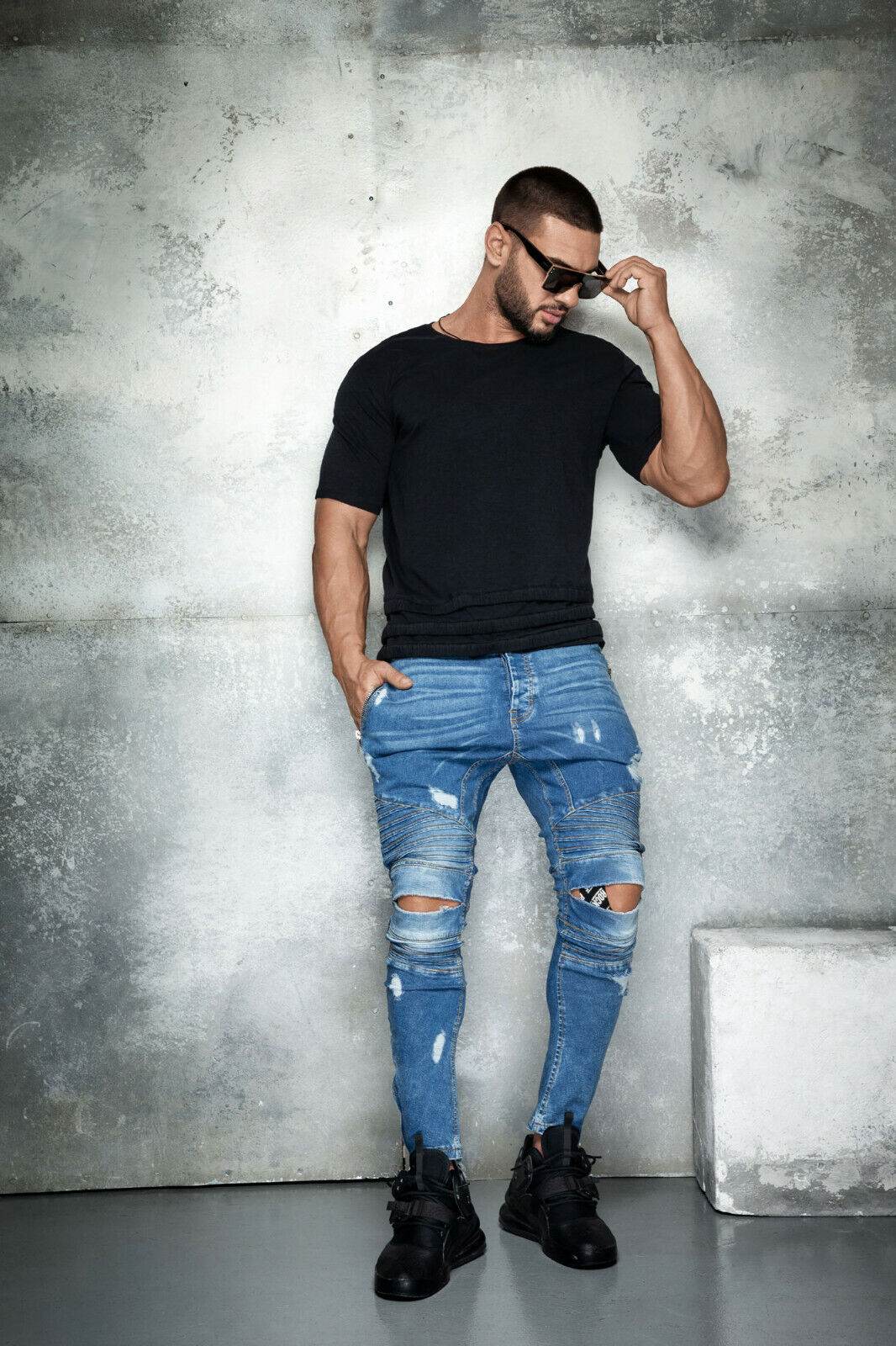 Mexton Men Skinny Slim Jeans im Biker-Look, Knöchellang, in verschiedenen Größen W29-W36, dunkles Denim, modischer Herrenjeans.