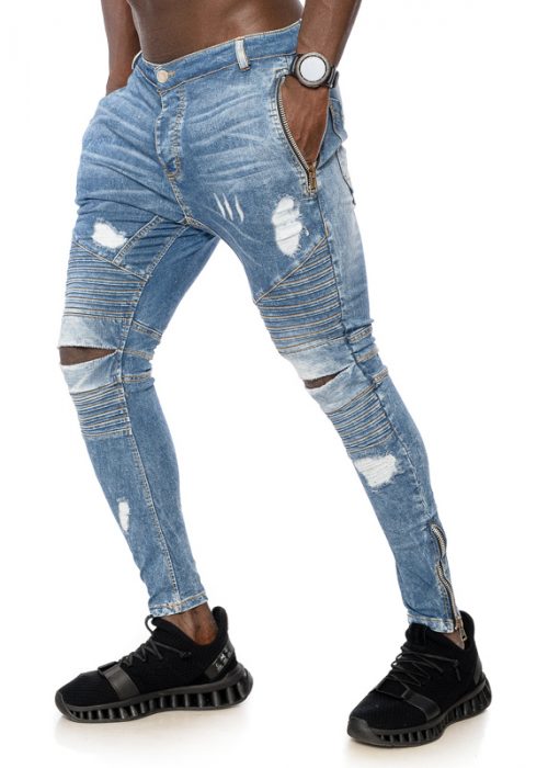 Herren Skinny Slim Jeans im Biker-Look von Mexton Men, Knöcheljeans in W29-W36, dunkle Jeans mit Nieten und Nähte.