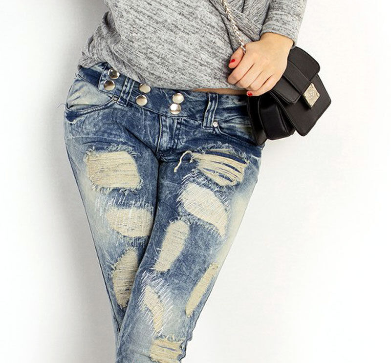 Blauer Damen Fetzenjeans Hüftjeans von Mexton, lockere Jeanshose mit Fransen, Gr. 34-38, modischer Hüfthose Look
