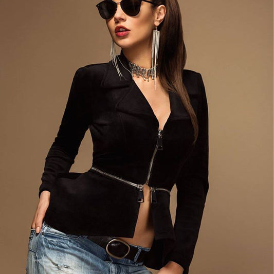 Damen Schößchen Jacke Blazer aus schwarzem Samt mit Zipper, von Mexton, Größe S/M, elegante Mode für Damen