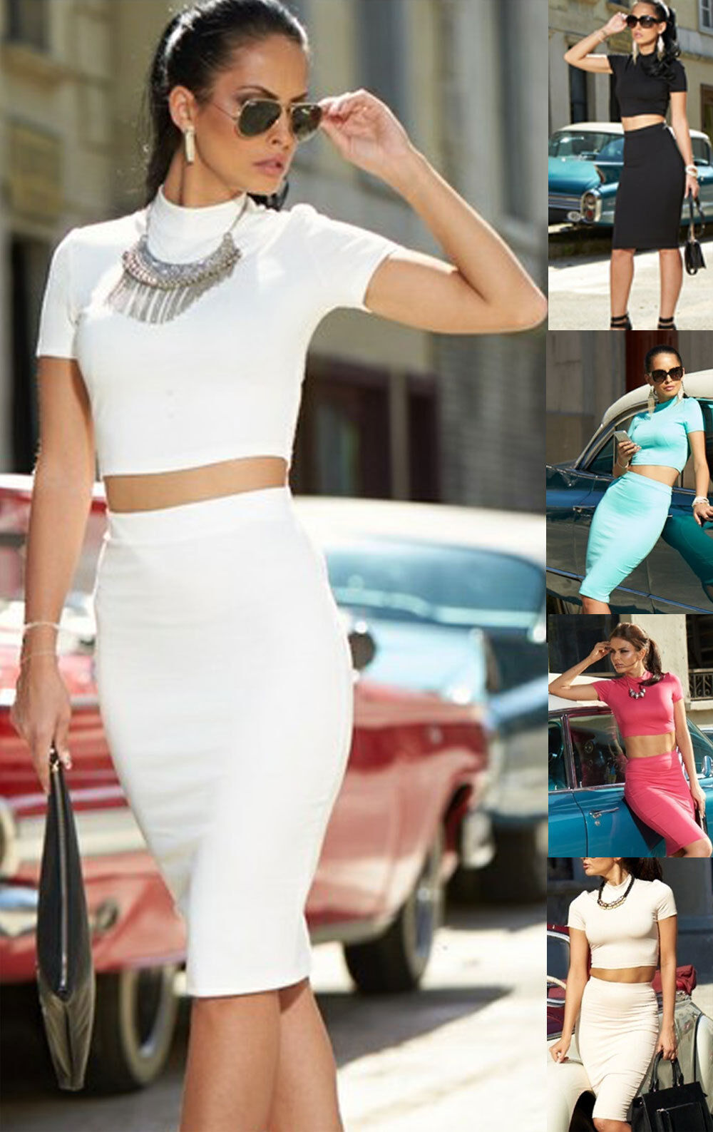 Mexton Damen 2-Teiler: Beiges Cropped Top und High-Waist Minirock im Pencilrock-Stil, XS S Größe, modisches Outfit