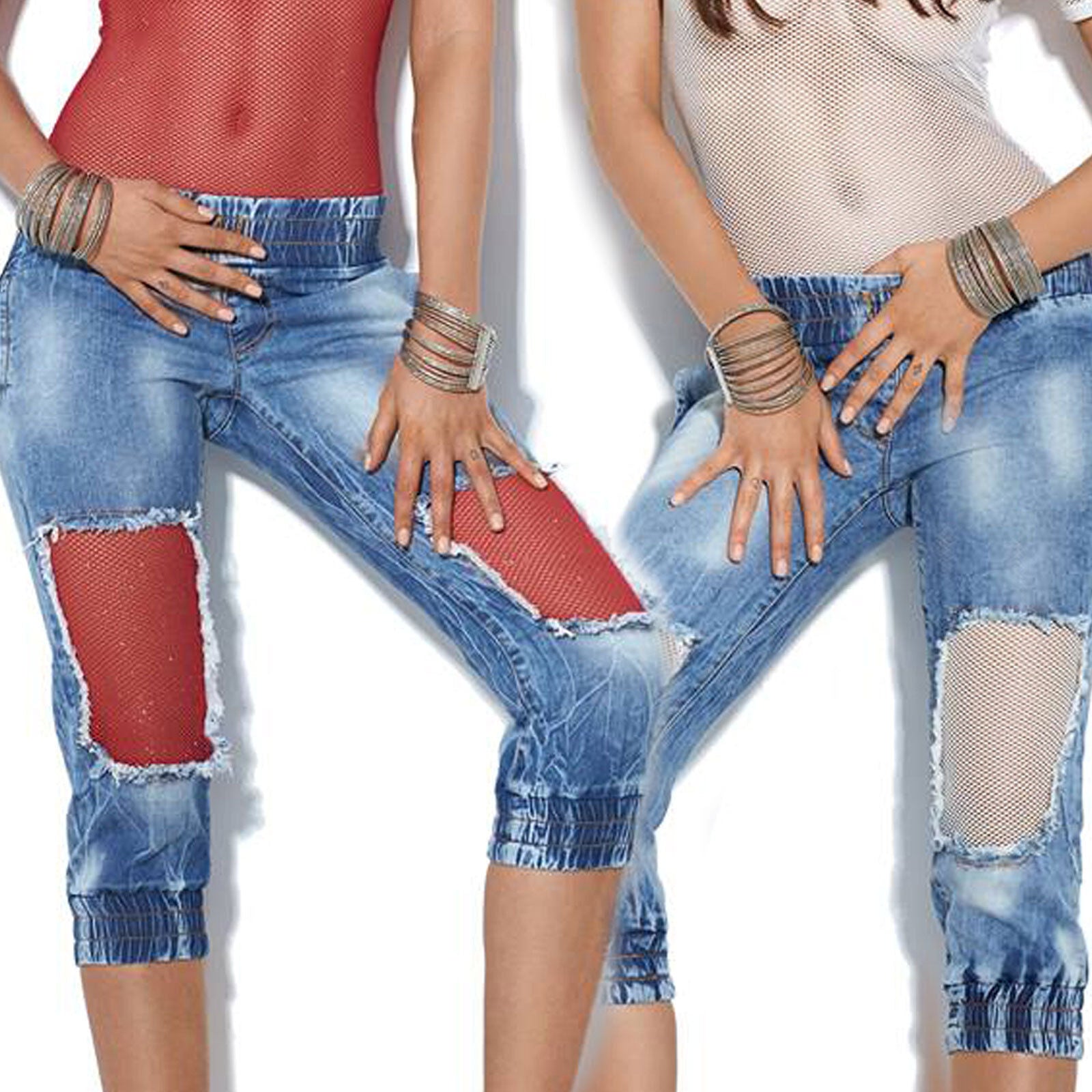 Mexton Damen Jeans Caprijeans in Blau-Weiß mit Netzdesign, kurze Hüftjeans, Baumwolle, komfortabel, Größe XS-M