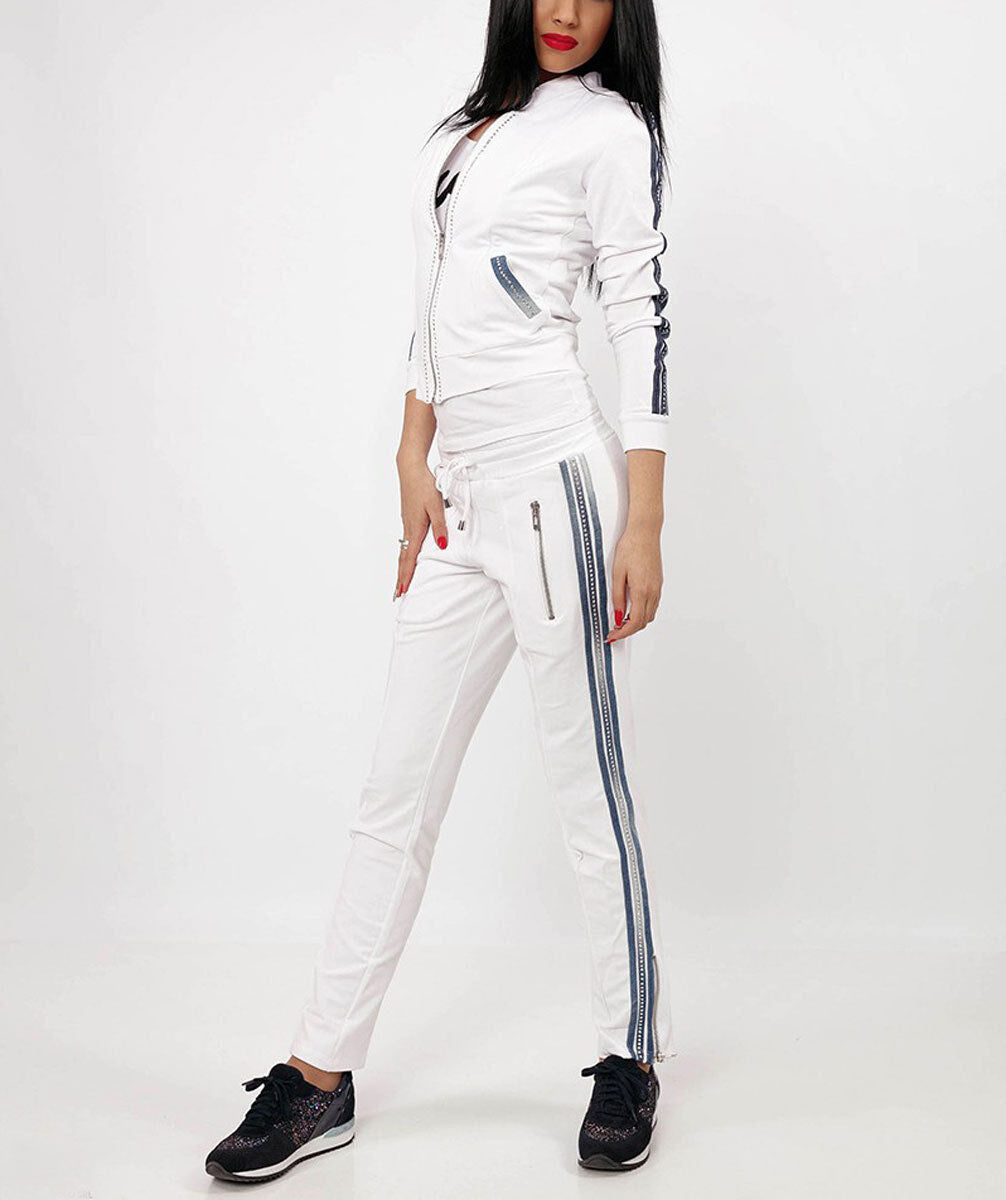 Mexton 2-Teiler Hausanzug mit weißer Jacke und Jogginghose, bequemes Freizeitoutfit aus Jeansstoff, casual Look