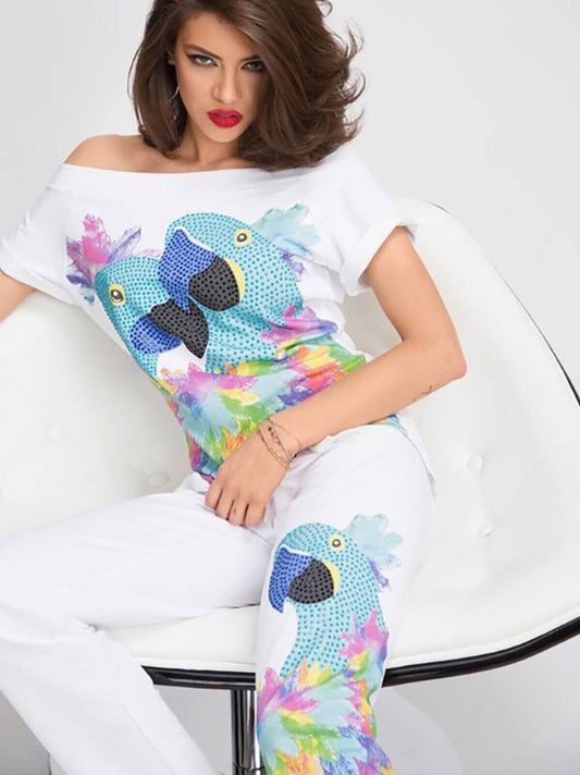 Weißer Damen 2-Teiler Freizeitanzug von Mexton mit T-Shirt und Jogginghose, XS, bequemes Casual-Outfit.