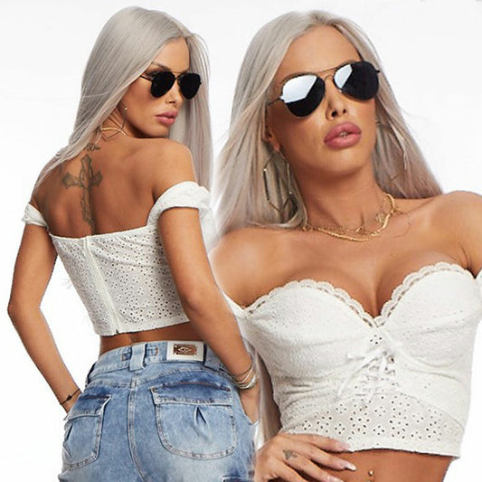Mexton Damen Bluse T-Shirt Bandeau Carmenbluse mit Spitze, bequemer Oberteil in XS, eleganter Style, sichtbare Spitze und weiche Stoffe