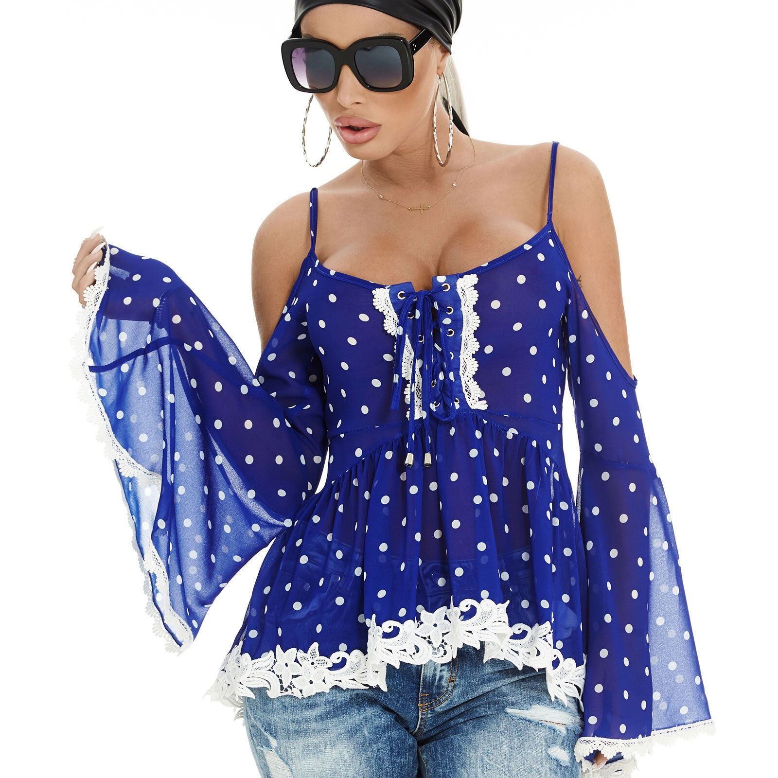 Damen Bluse und Tunika von Mexton, Chiffon Trägertop mit blauen Polka Dots, leicht transparent, Größe XS-S