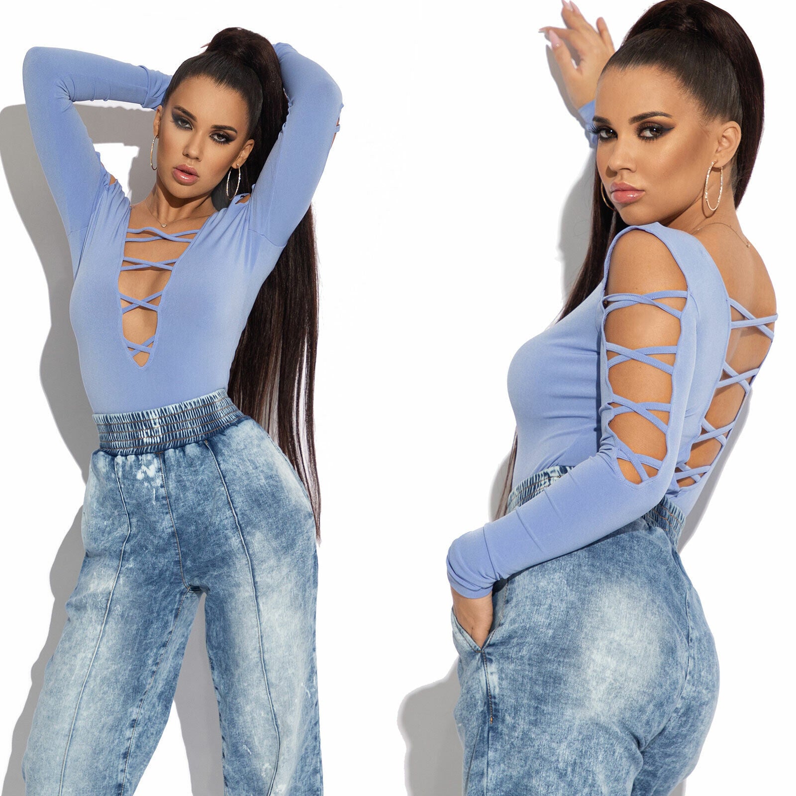 Mexton Damen Body Bodysuit in XS-M mit Cut-Out-Design, langärmelig, Pullover-Stil, figurbetont, bequem und stylisch.