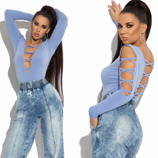 Mexton Damen Body Bodysuit in XS-M mit Cut-Out-Design, langärmelig, Pullover-Stil, figurbetont, bequem und stylisch.