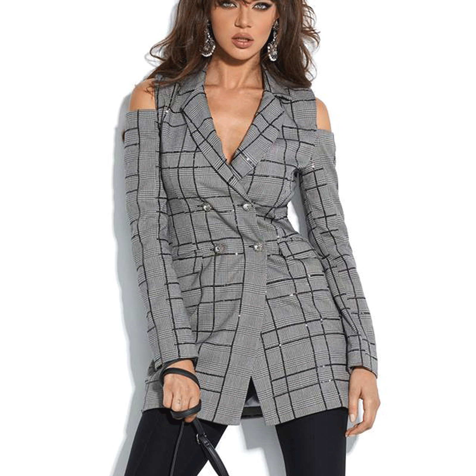 Kariert, schulterfreier Damen-Longblazer von Mexton, XS-S, mit Cut-Out-Details, eleganter Blazer für Damen.