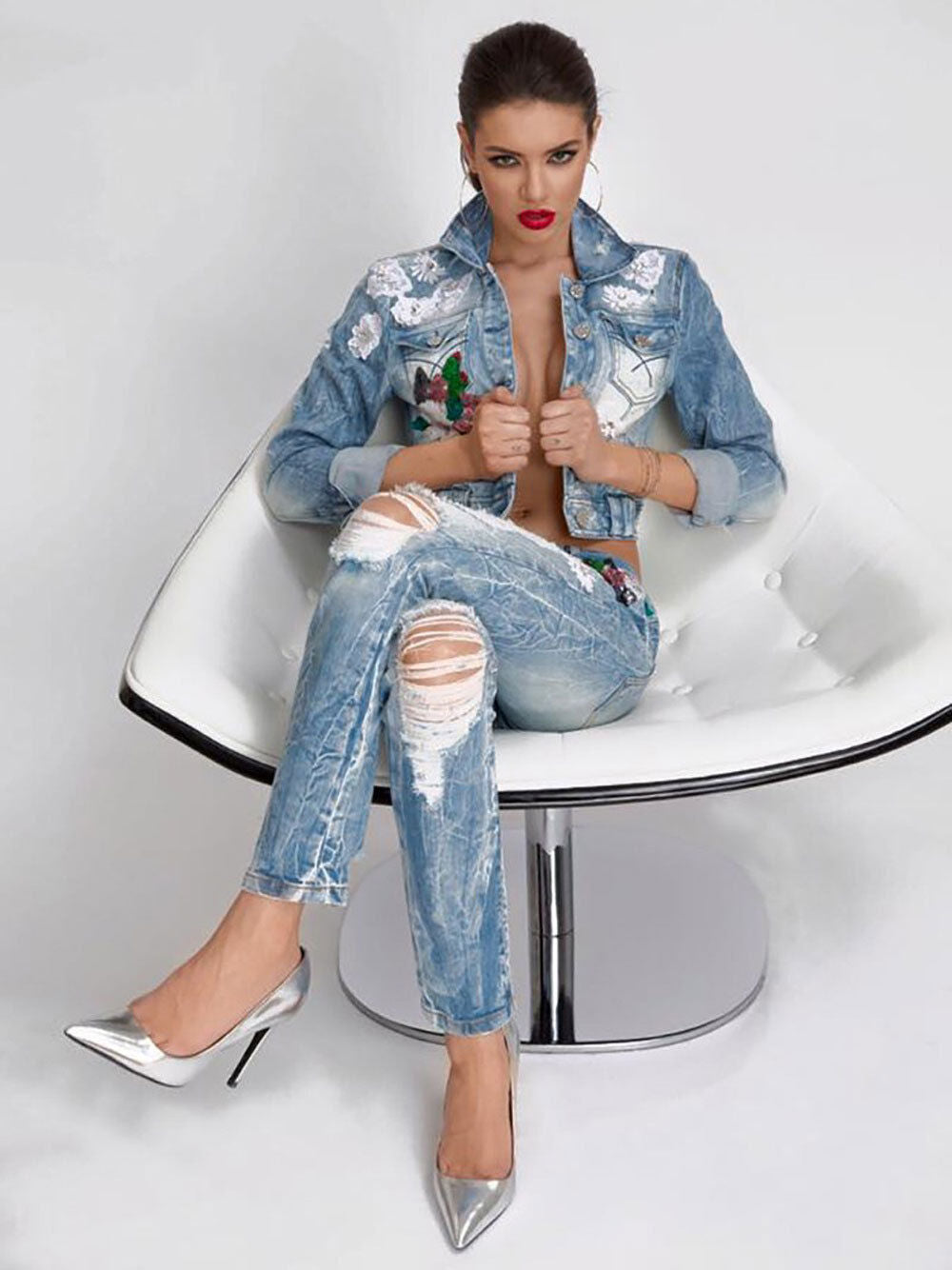 Damen-Jeans von Mexton, 2-teiliges Set mit Jeansjacke und Röhrenjeans, Pailletten, in XS/S, modisches Denim-Outfit