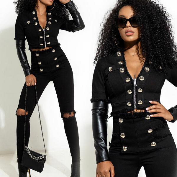 Schwarze Damen Jeansjacke von Mexton in Lederlook, kurze Cropped-Form, mit Knopfleiste und Denim-Details, Größe XS.