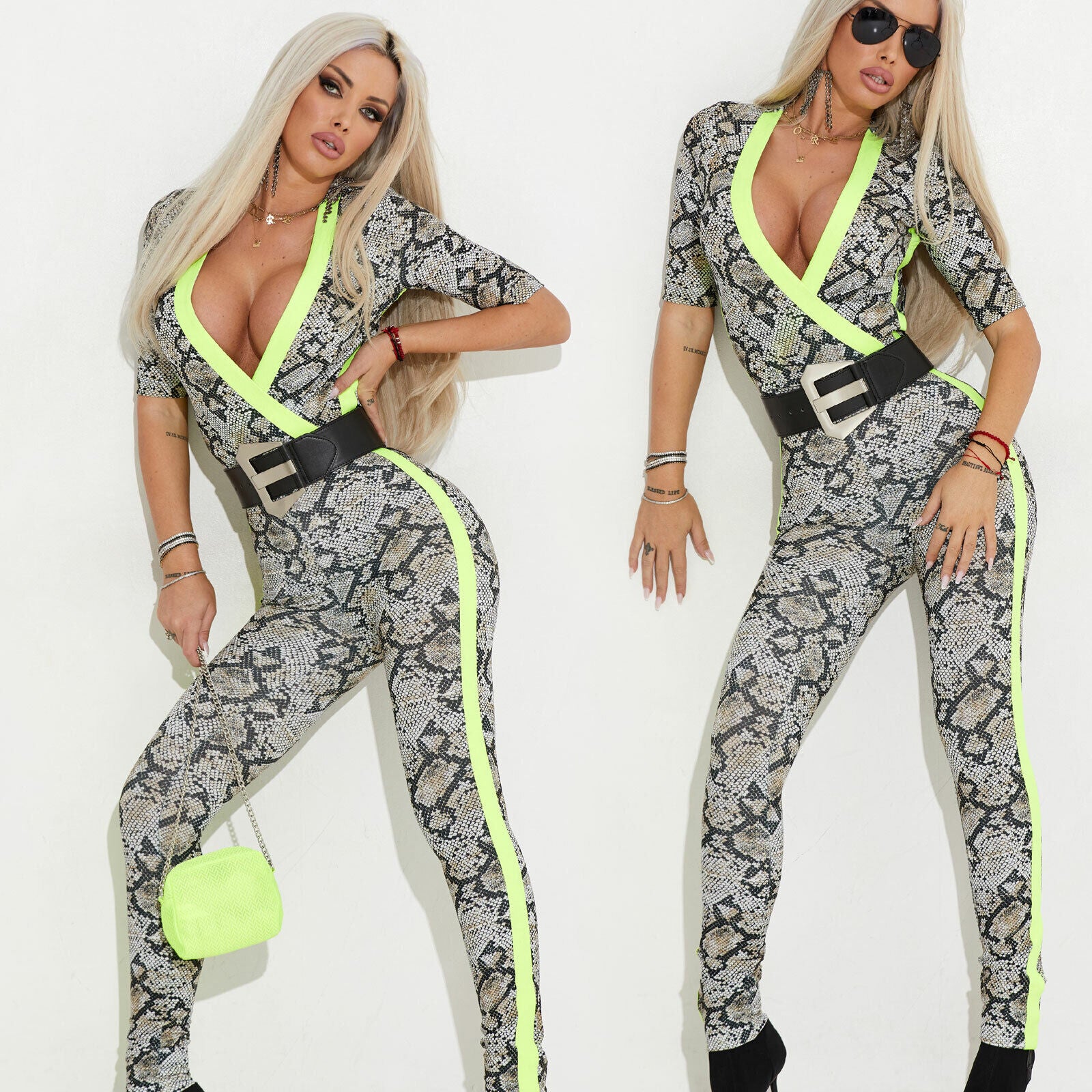 Neonfarbenener Damen Overall von Mexton, Snake-Print, enganliegender Jumpsuit, XS, modischer Hosenanzug für Damen