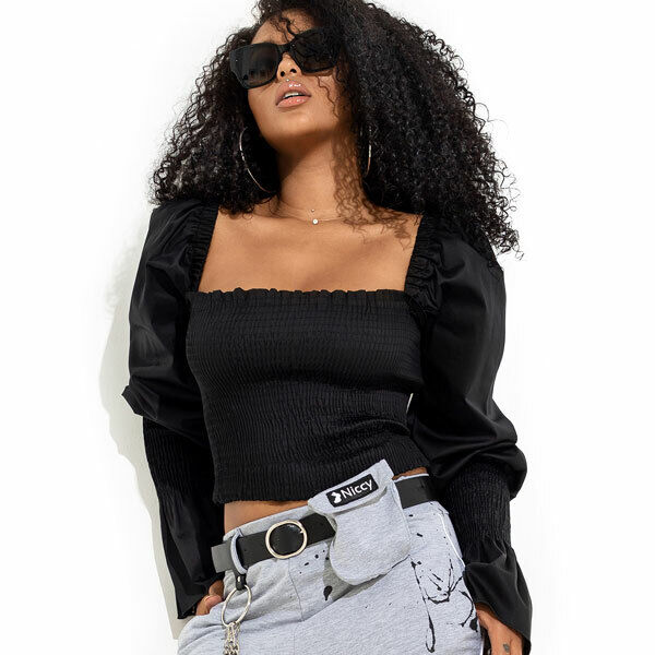 Schwarzes Damen-Top von Mexton mit Ballonärmeln, T-Shirt-Design, bequemes Pullover-Stil, Größen XS bis M