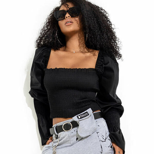 Schwarzes Damen-Top von Mexton mit Ballonärmeln, T-Shirt-Design, bequemes Pullover-Stil, Größen XS bis M