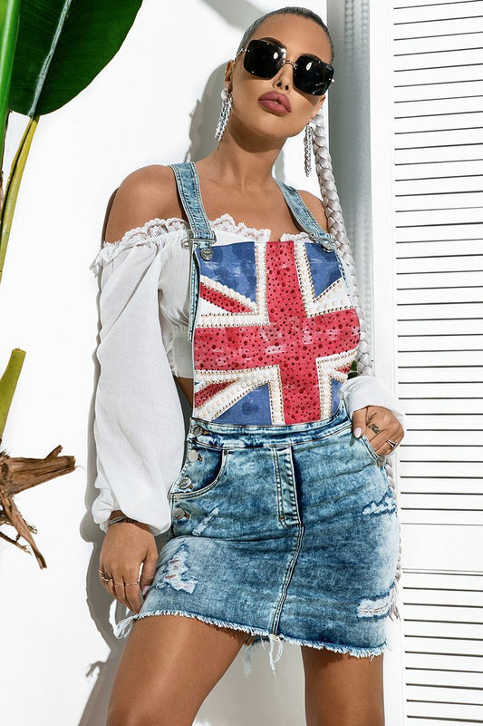 Mexton Jeansminirock mit hohem Bund, Latzdetail und Flaggenmuster in XS bis M, Denim-Jeansrock für Damen.