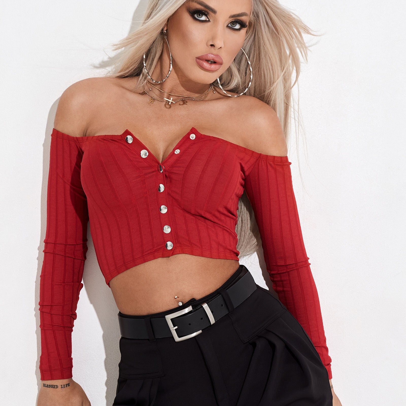 Grünes Damen Cropped Top von Mexton, langärmeliges Ripp-Shirt, leicht stretchig, in Größe XS, bequem und modisch.