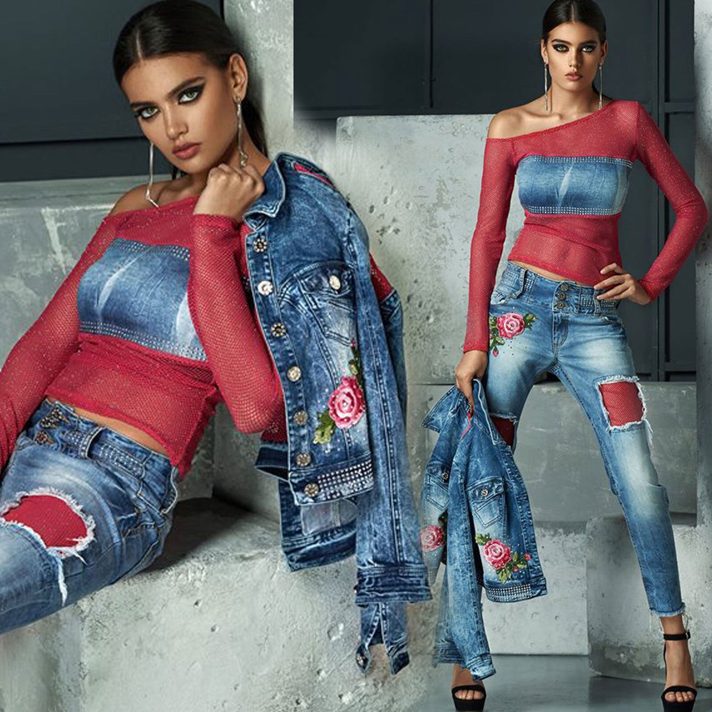 Mexton Damen Jeans 2-Teiler: blaue Jeansjacke und Röhrenjeans in Pink, Hüftjeans, XS, modischer Casual-Look