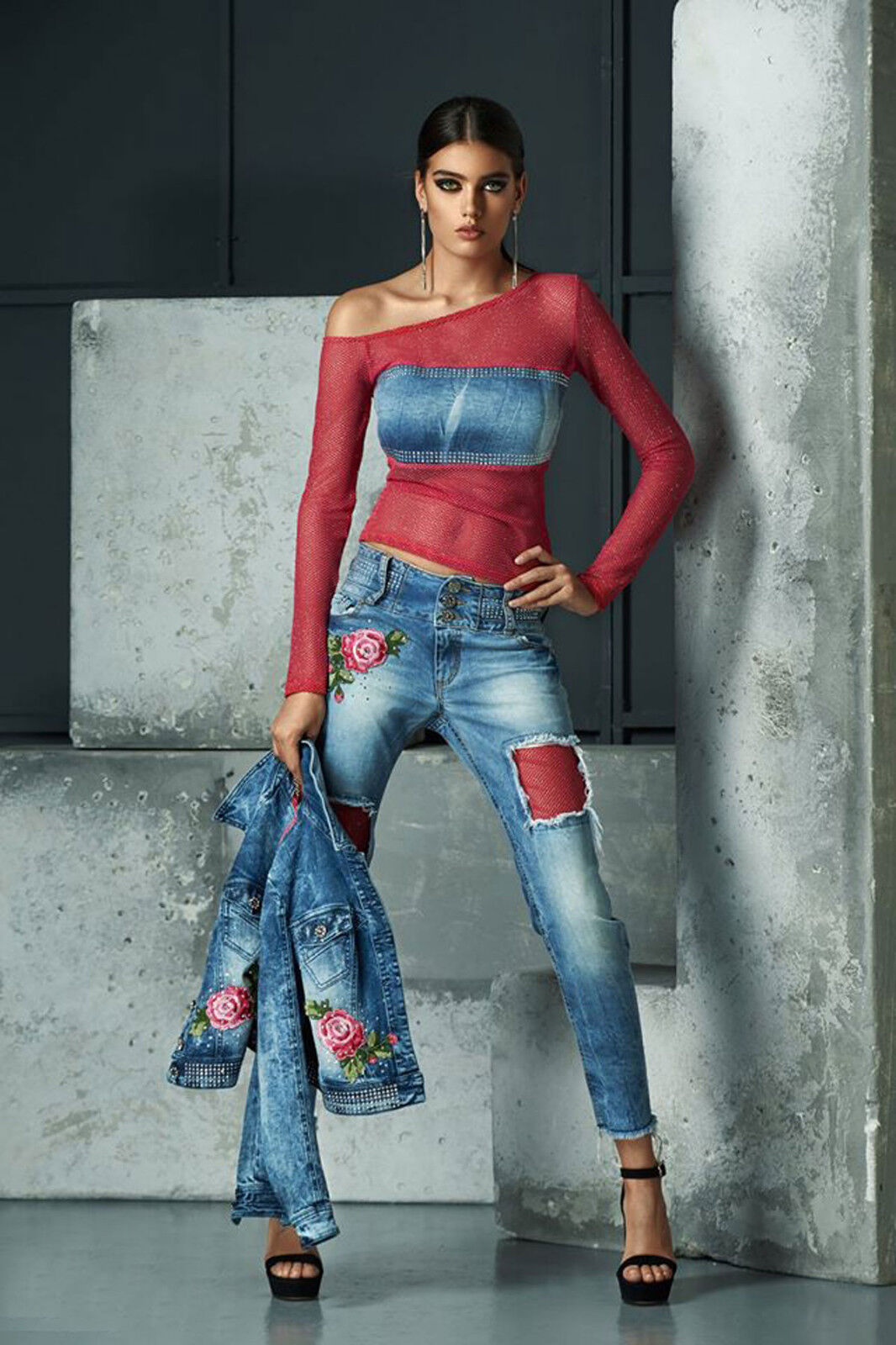Mexton Damen Jeans-2-Teiler mit Jeansjacke und Röhrenjeans in Blau und Pink, Größe XS, modischer casual Look