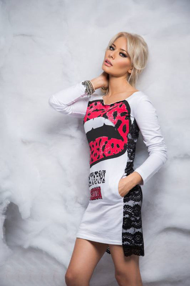 Mexton Damen Kleid mit Longpullover-Design, Spitze und Kussmund-Muster, kurze Tunika in XS/S, elegantes Minikleid