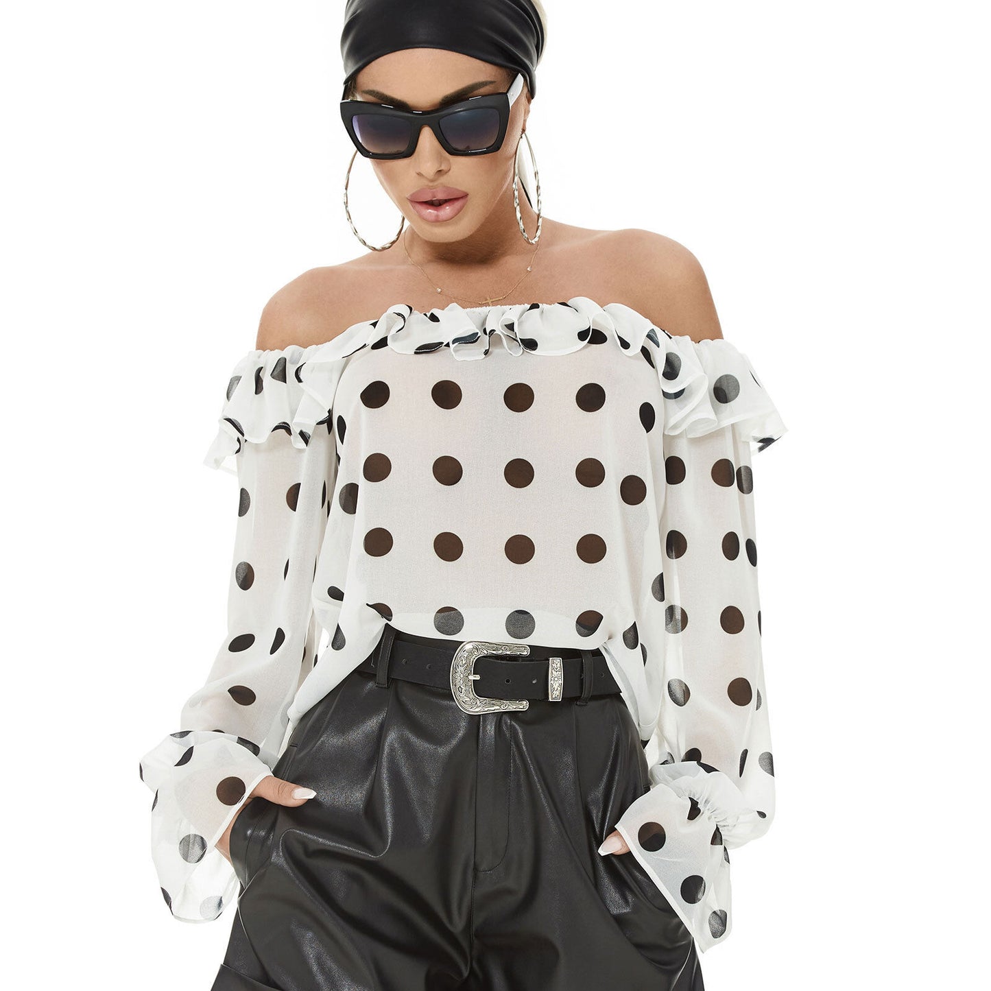 Weiße Damen Chiffon-Bluse von Mexton, transparente Carmenbluse mit Longsleeve, in XS und S, elegantes Damenoberteil