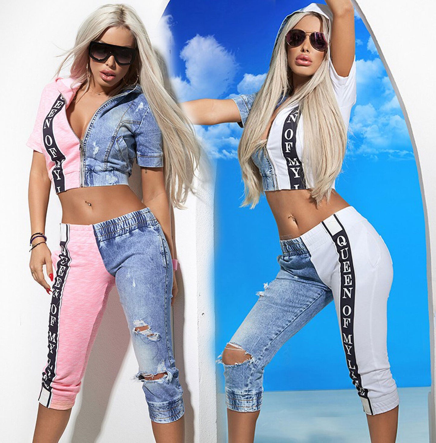 Mexton Damen Jeans 2-Teiler: weiße Jeansjacke und 3/4-Hose, modischer Damen-Jeans-Set aus Baumwolle