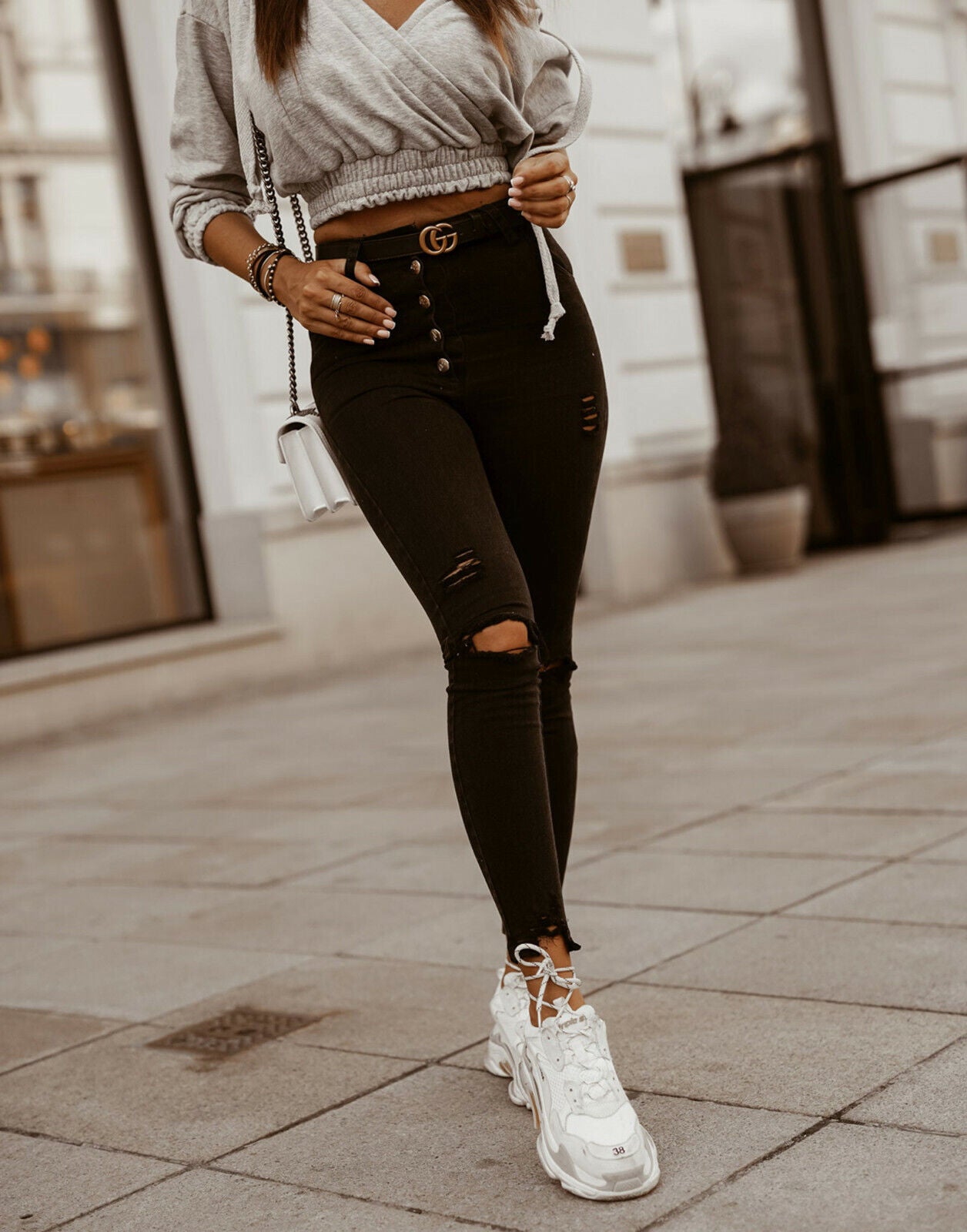 Ola Damen High-Waist Destroyed Skinny Jeans in Grau, Röhrenjeans mit ausgefransten Details, Größe 36/38 von O'la Voga