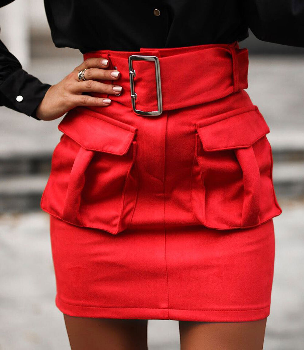Damen-Minirock von O'la Voga im Wildlederlook, kurzer Pencilrock in Rot, Oliv und Schwarz, Größe S, modischer Damenrock