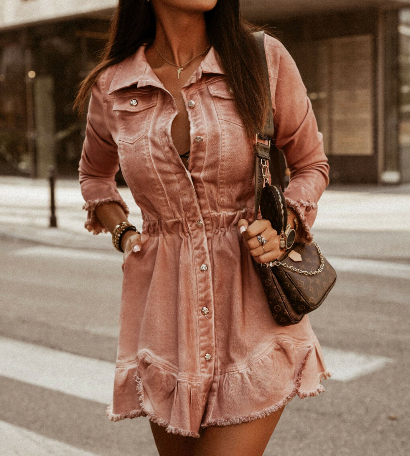 Ola Damen Minikleid aus Jeans im Western-Stil, mit Knopfleiste und kurzen Ärmeln, in Größe 36-38, von O'la Voga