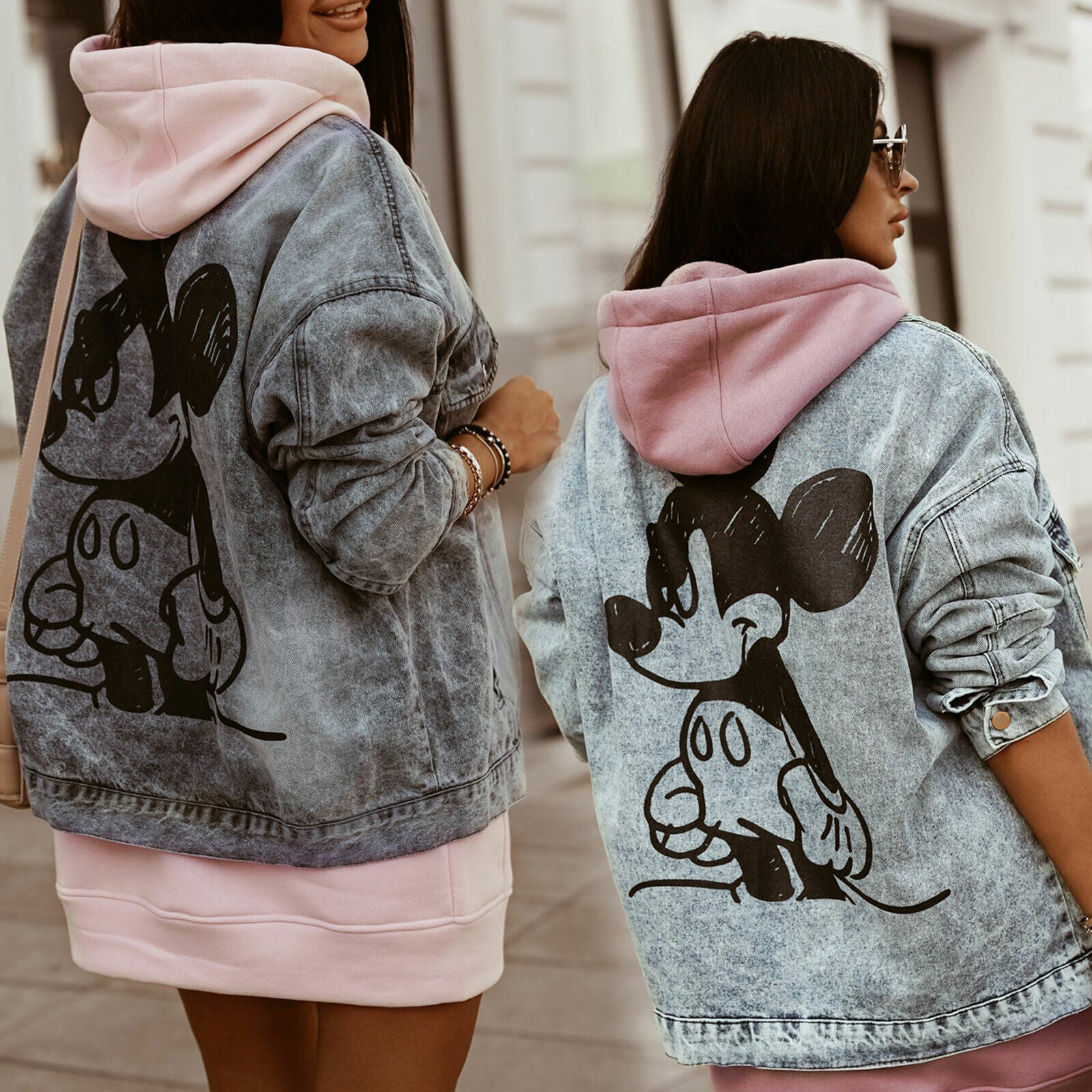 Damen Jeansjacke von O'la Voga, oversize Schnitt, schwarze Jeans mit blauem Print, in Größe S bis XL, modisches Design