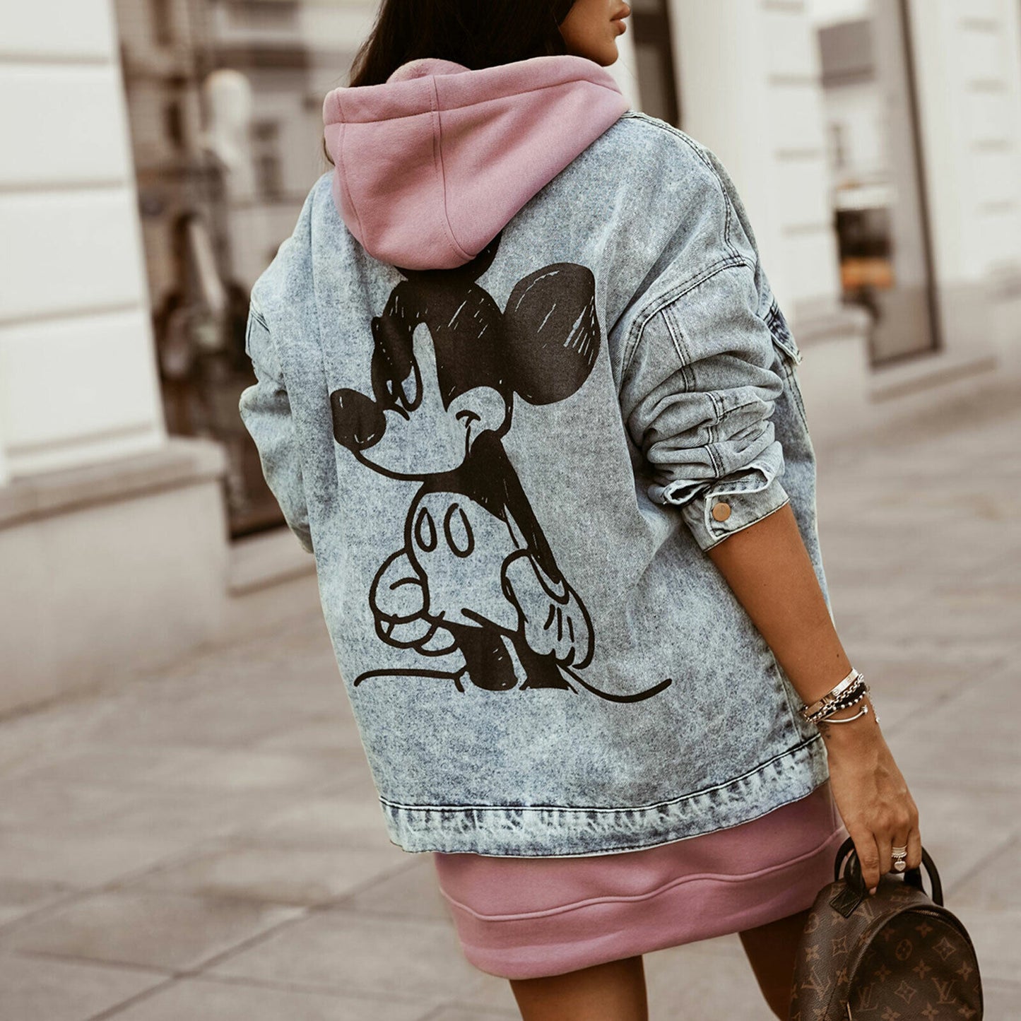 Ola Damen Jeansjacke in Over-Size mit Print, Schwarz Blau, Größe S bis XL, modischer Denim-Jackenstil