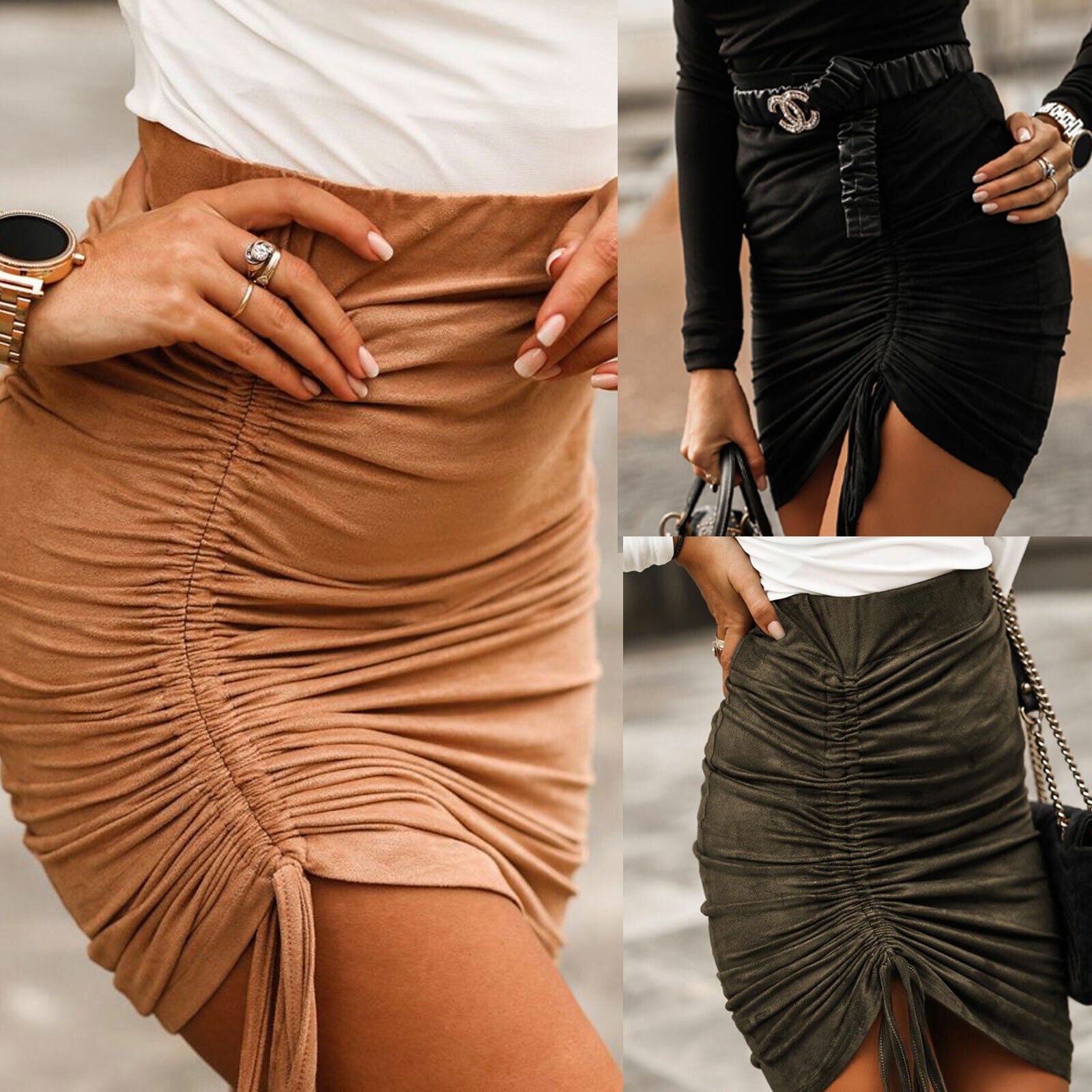 Ola Damen Wildleder High-Waist Minirock im Bodycon-Stil, gerafft, in Größe 36-38, eleganter schwarzer Pencilrock von O'la Voga