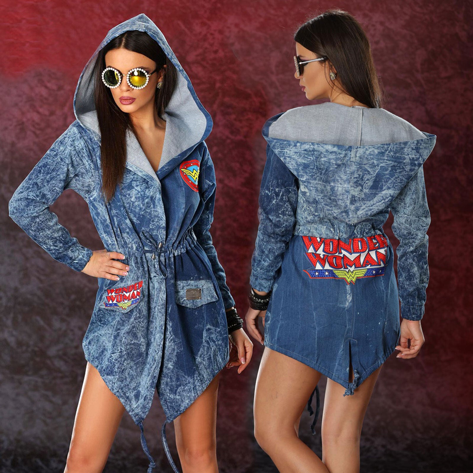 Ocassion Damen Jeansjacke mit Kapuze, blauer Jeansmantel in Größe M, lässiger Blazer im Casual-Style, modisches Oberteil