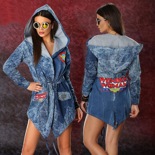 Ocassion Damen Jeansjacke mit Kapuze, blauer Jeansmantel in Größe M, lässiger Blazer im Casual-Style, modisches Oberteil