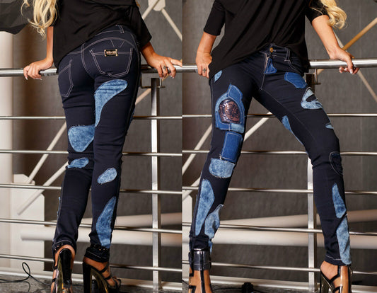 Damen-Hüftjeans von ocassion, enge Röhrenjeans aus Stoff mit Spitze, tragen Sie eine elegante, figurbetonte Jeanshose in Größe S.