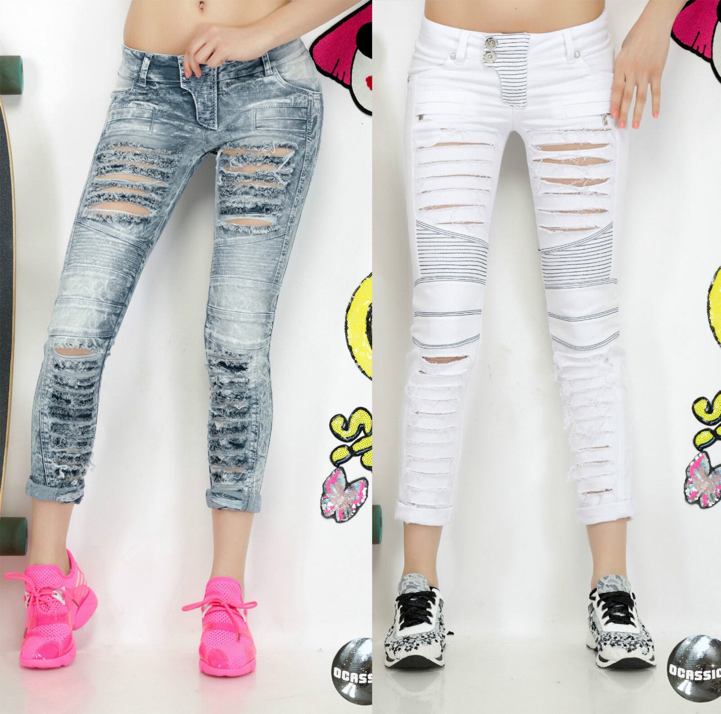 Damen Röhrenjeans von ocassion mit Destroyed-Design, Löchern und Rissen, Hüftjeans in XS bis M, modischer Casual-Look.