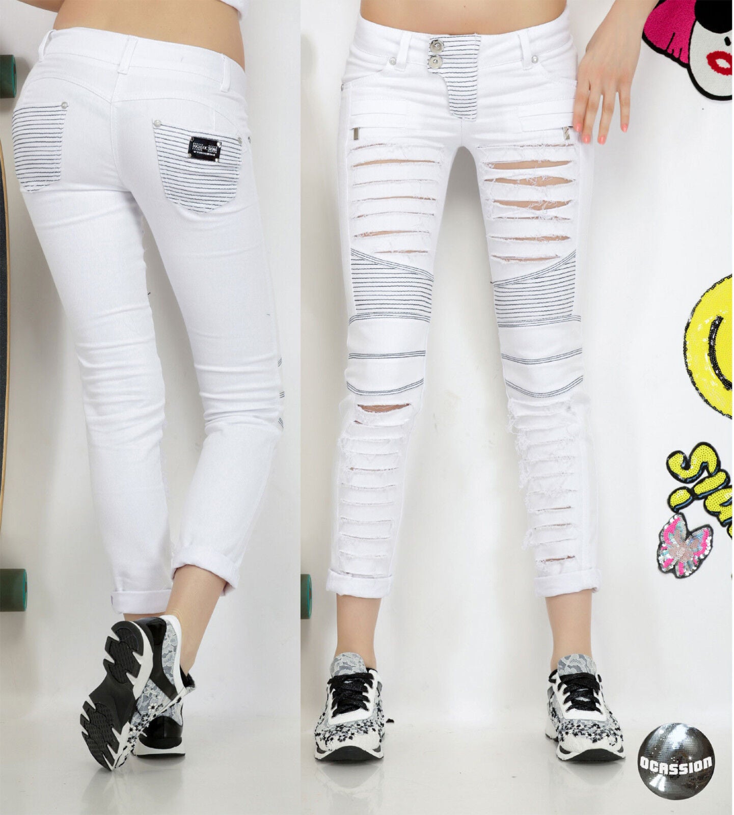 Damen Röhrenjeans von ocassion mit Destroyed-Design, Rissen und Löchern, Hüftjeans, in XS bis M Größe, modischer Casual-Look