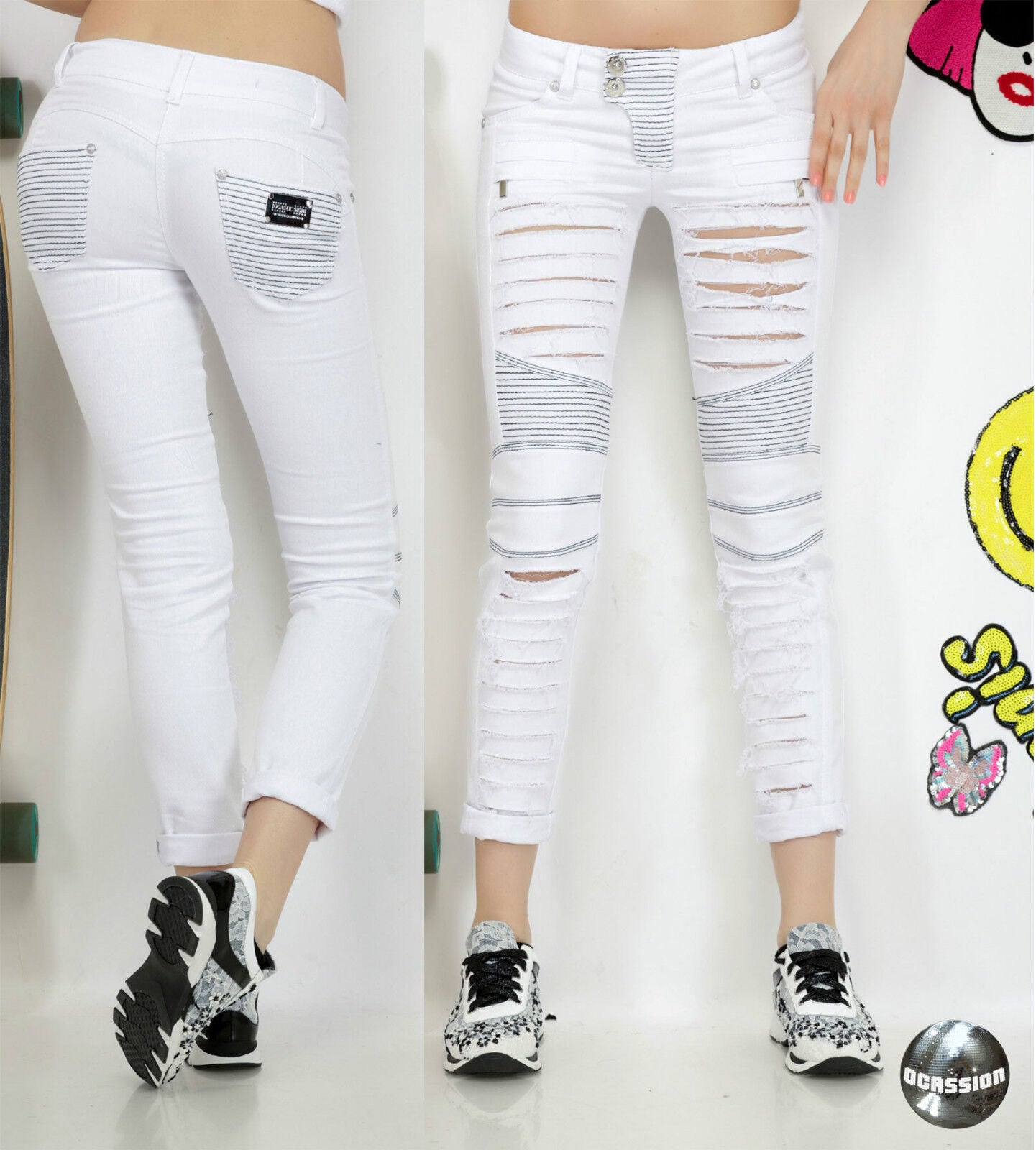 Damen Röhrenjeans von ocassion mit Rissen, Destroyed-Effekten und Löchern, Hüftjeans, in XS-M Größe, modisches Casual-Design