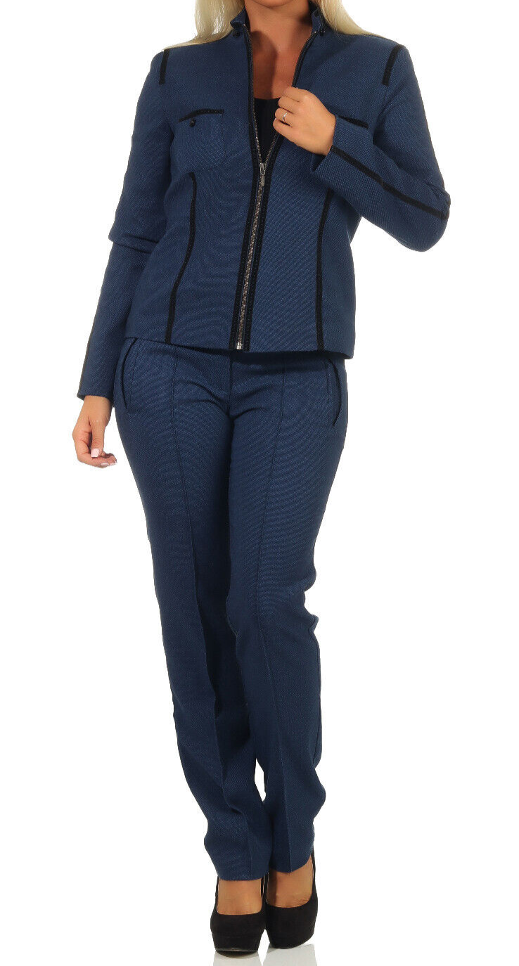 Eleganter Damen-Bouclé-Hosenanzug von Sea Shell, dunkelblau, mit Blazer und Hose in Größe 40, stilvoll und modern.