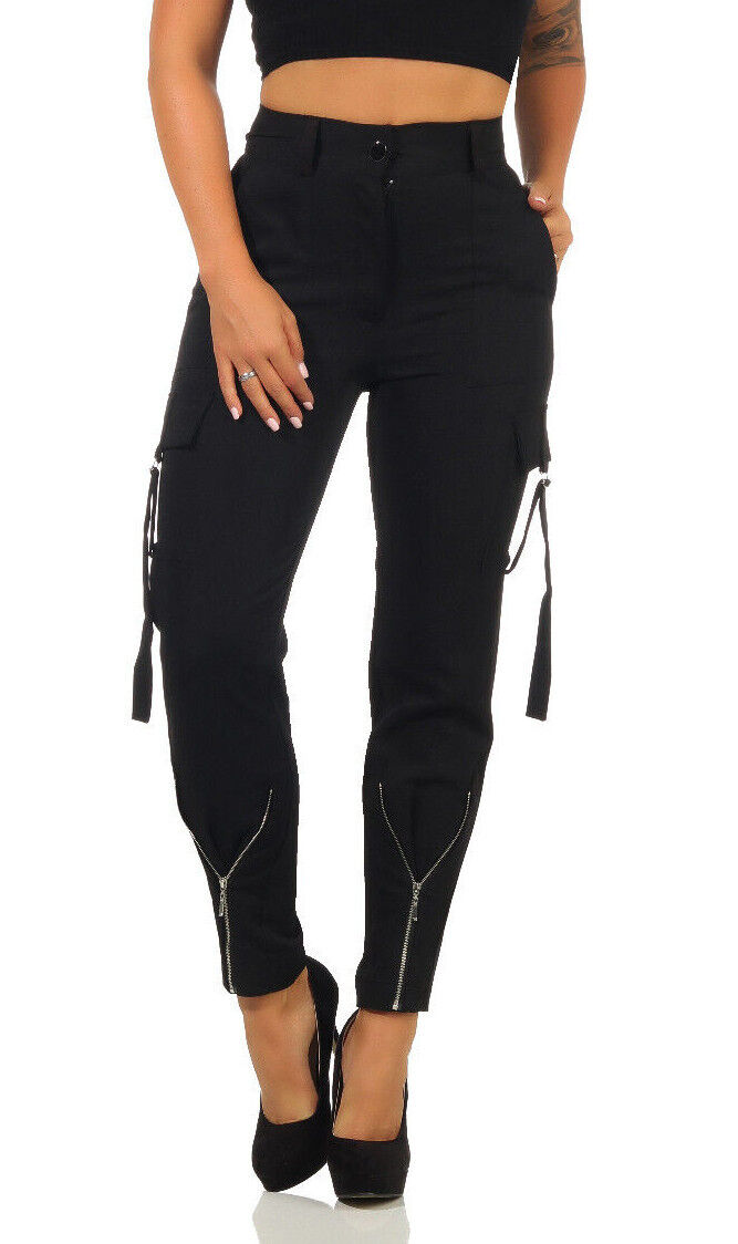 Damen High-Waist Stoffhose von Victoria, elegante Cargohose mit Reißverschluss, enganliegende Röhrenhose in XS-L.