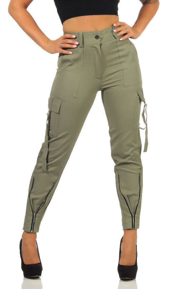 Victoria Damen High-Waist Stoffhose, elegante Cargohose im Röhrenstil mit Reißverschluss, in XS-L, modischer Casual-Look
